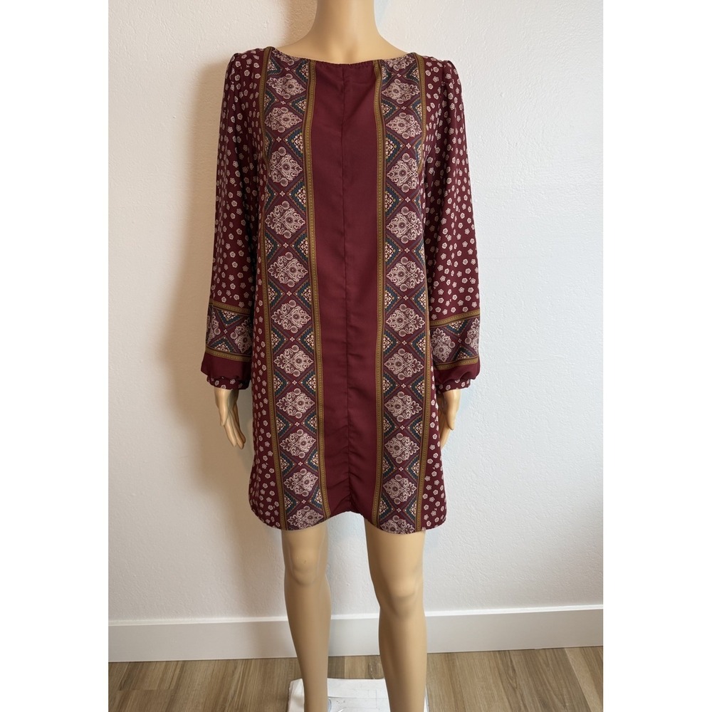 Peppermint Burgundy Shift Tunic Dress Floral Paisley Long Sleeve Dress Sz M Boho